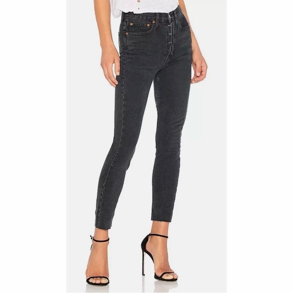 Re/Done High-Rise Skinny Jeans in Washed Black Raw Hem - 27